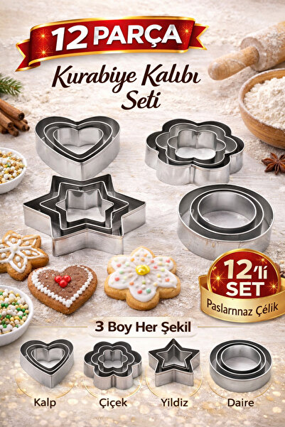 Alvin 12’li Kurabiye Kalıbı Seti 4 Şekil 3 Boy Çelik Pasta Hamur Kalıbı