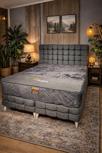 Doğuş Visco Kareli Baza Başlık seti-KETEN GRİ renk-(yatak dahil değildir)