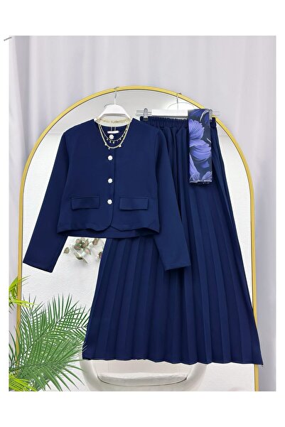 MY QILAM Women's Hijab Jacket Skirt Set Pleated Long Skirt Buttoned Stylish C...