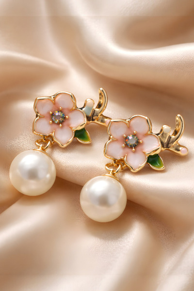 NBS Beautiful Naturel Stones Women's Pearl and Flower Model Earrings, Gold Co...