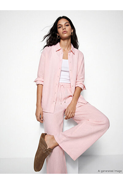 LC Waikiki GiyÇık Store Ροζ oversized Λινό Γυναικείο Πουκάμισο