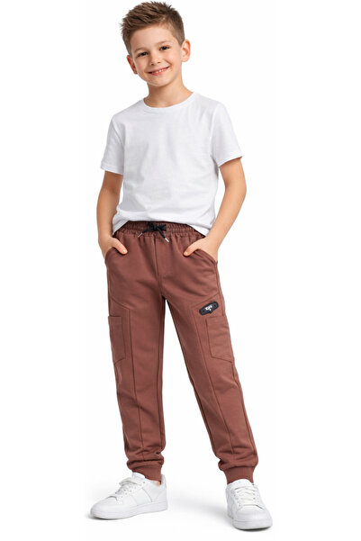 İrem Çocuk Giyim Boy's Brown Sweatpants with Cargo Pockets, Embroidered Logo,...