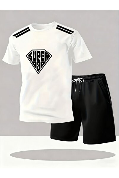 AEMİ Unisex Super Dad Printed Shorts Tshirt 2-Piece Top and Bottom Set