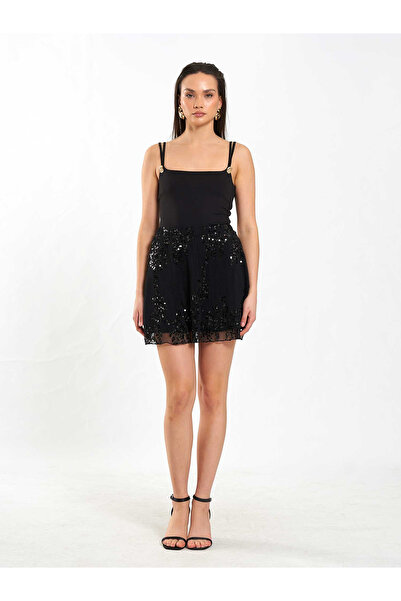 Coral Elastic Waist Sequined Sequin Skirt 041183 Black