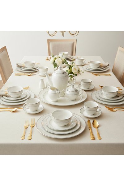 SHALLOW VERA 47Pc Bone China Dinnerware Set - White with Platinum-Silver Rim| Perfect for 8 Persons