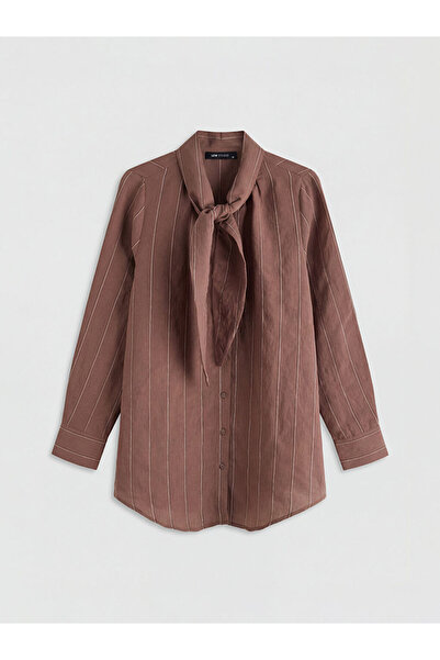 LC Waikiki Giyçık Store Brown Scarf Collar Striped Women's Shirt Tunic