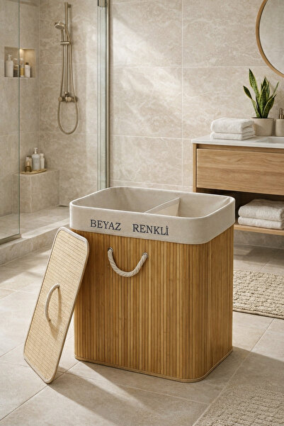 Çavdar Group Bambu Çift Bölmeli Kapaklı Kirli Çamaşır Sepeti Dikdörtgen - İki...