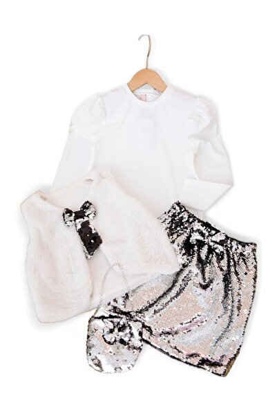 Egelite Girl's Stylish Combination with Plush Vest, Sequined Skirt and Bag fo...