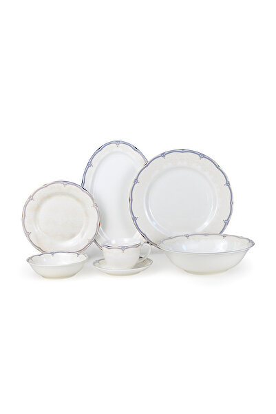 SHALLOW SORA 32Pc Bone China Dinner Set, White w Silver-Blue Rim for Hosting|...
