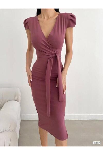 Modafeminen Φόρεμα από εισαγόμενο ύφασμα Dusty Rose με κοντά μανίκια, ζώνη κα...