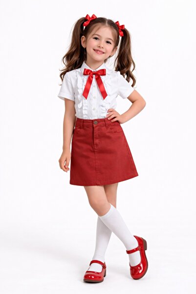 Nacar Kız Çocuk Fırfırlı Gömlek ve Keten Etek 23 Nisan Gösteri Kıyafeti