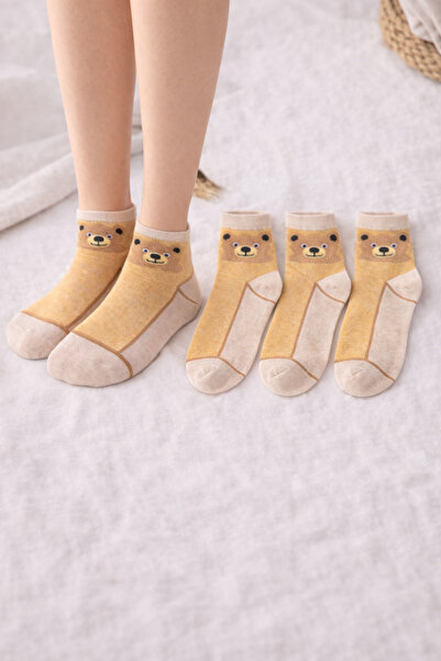 çorapmanya 4 Çift Ayı Desenli Tabanlı Ten Rengi Tül Çorap