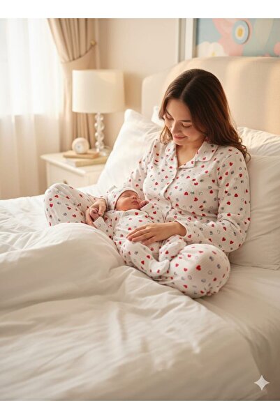 İpek Mother and Baby's First Sleep Matching Heart Pattern Mother's Long Sleev...