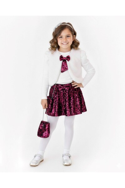 VOY KİDS Vestă de pluș pentru fete, fustă cu paiete, geantă, combinație elega...