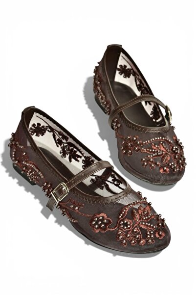 SUNSTEP Burgundy Mesh Pearl Detailed Mesh Women's Ballerinas