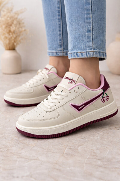 Babetty Women's Sneaker Sports Shoes Beige Burgundy Cherry Detailed Embroider...