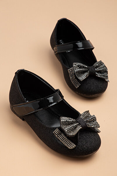 Dilimler Ayakkabı Balerina pentru fete, negru, cu fundă din piatră platină, c...