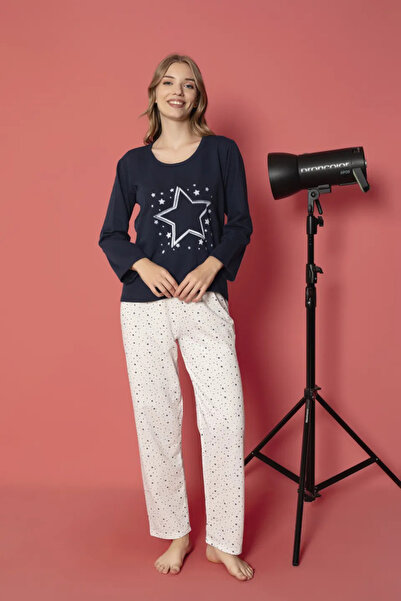 Ercan Pijama damă vătuită cu mânecă lungă și pantaloni lungi din bumbac, impr...