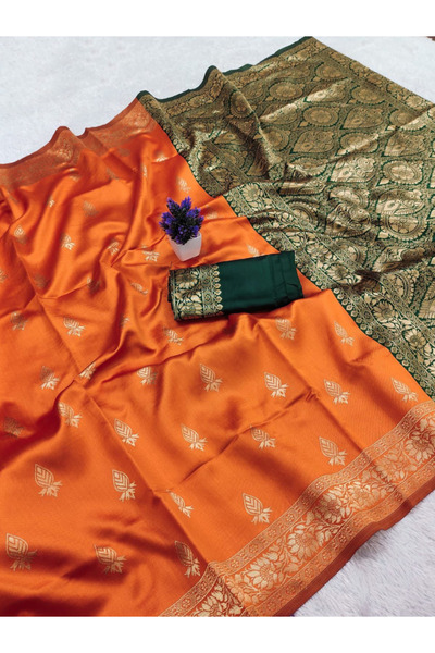 MYSMAR Orange Lichi Silk Saree - FFT5120 | Orange