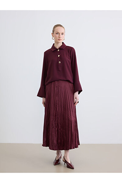 LC Waikiki LCW STUDIO Μπορντό Πλισέ Σατέν Φούστα με Ελαστική Μέση