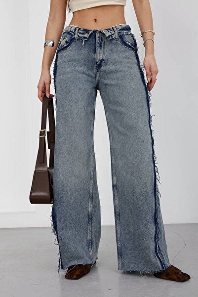 DENİKK Trend Premium Design Foldable Waist Detail Wide Leg Jean Denim Pants-F...