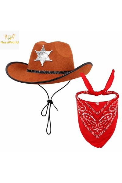 kumkumticaret Children's Cowboy Hat with Badge Brown &amp;   Red Bandana Set