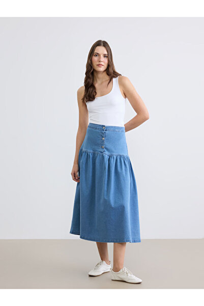 LC Waikiki Ίντιγκο Πλισέ Τζιν Φούστα με Κουμπιά Μπροστά
