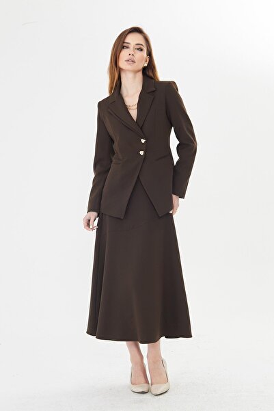 LOVELF Gold Düğmeli Çift Yaka Etekli Takım Kahve