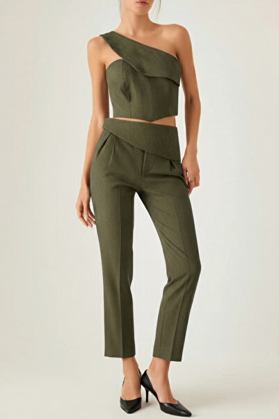 My Blog Khaki One-Shoulder Design Collar Blouse and Pants Set - 8003