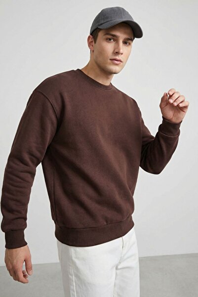 MAXIMILLIAN Men's Oversize Basic Relax Cotton Crew Neck Sweatshirt Brown