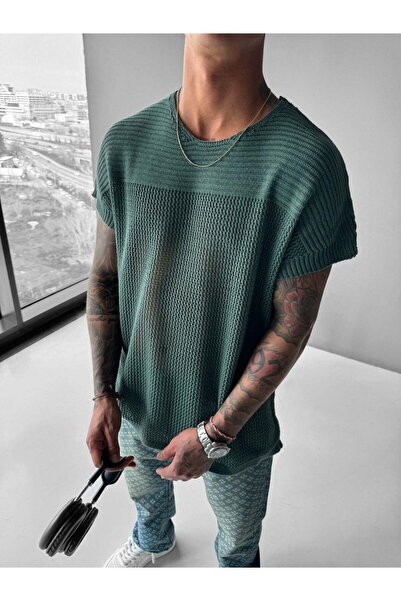 elkumoda Erkek File Dokulu Örme Oversize Tişört Bisiklet Yaka Delikli Yazlık ...