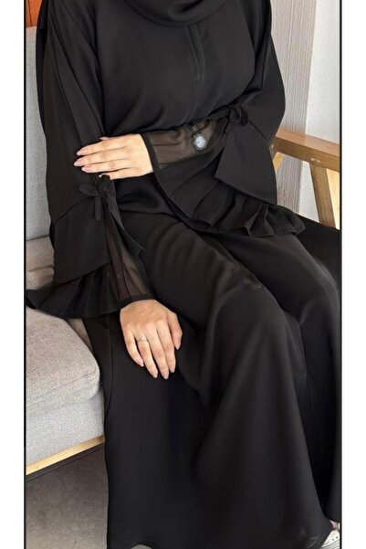 WAHAJ DRESSES Plain abaya with chiffon sleeves