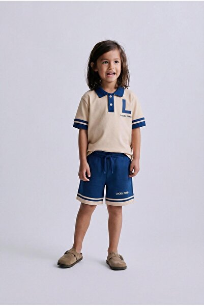 Magu Boy's Cotton Beige Navy Blue Polo Collar T-Shirt Shorts Set