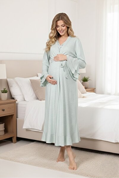 Lohusa Homewear Women's Water Green Flounced Double Breasted Design Short Sle...