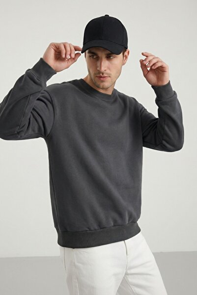 MAXIMILLIAN Men's Oversize Basic Relax Cotton Crew Neck Sweatshirt Smoked