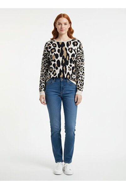 Neden Tekstil Beige Leopard Patterned Crew Neck Comfortable Fit Knit Sweater