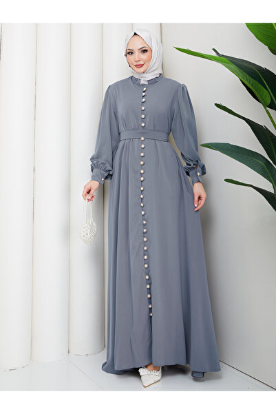 MY QILAM Women's Hijab Long Dress Dubai Fabric Stone Buttoned Belted Comforta...