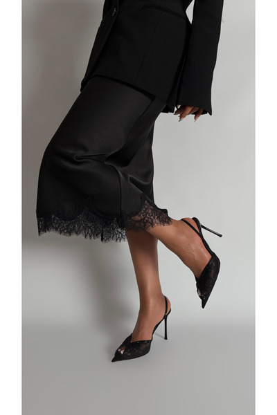 Naz Luxury Shoes RANGE DANTEL TAŞLI SİVRİ BURUN TOPUKLU SİYAH