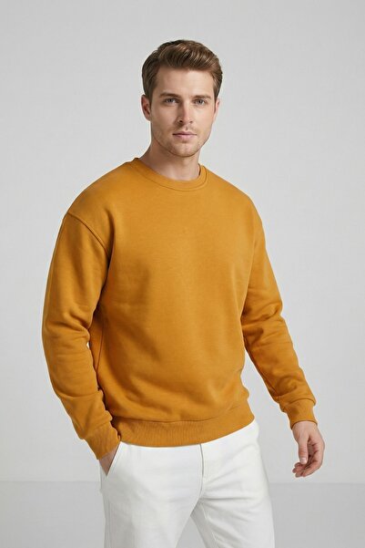MAXIMILLIAN Men's Oversize Basic Relax Cotton Crew Neck Sweatshirt Mustard