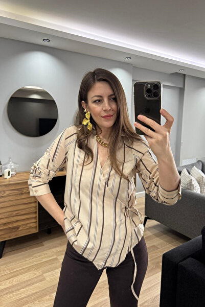 Banu Angay Mocha Lİne Bağlama Detaylı Kruvaze Gömlek Bej