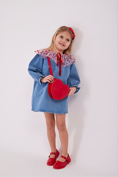 sobekidstore yaka detaylı denim elbise çanta dahil bayramlık elbise