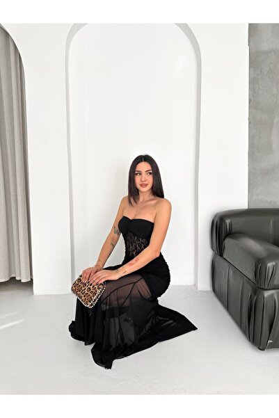 Foola Moda Siyah Straplez Dantel Detaylı Transparan Uzun Elbise Gece Davet Pa...