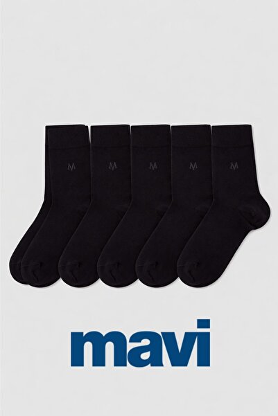 Mavi Seal Logo Printed (5 Pairs) Black Socks