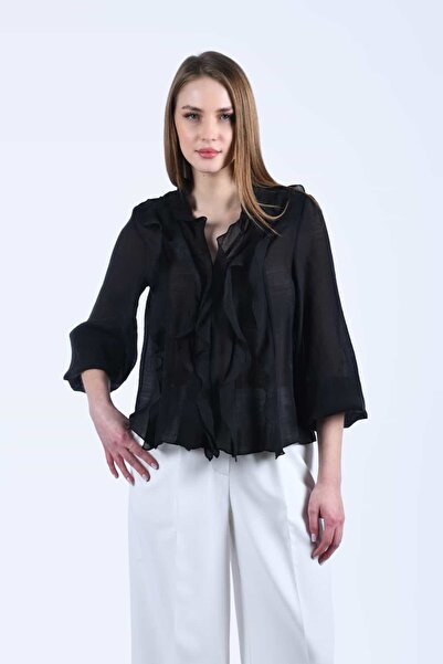 la luce Siyah Önü Fırfırlı Volanlı Şifon Bluz - LB195