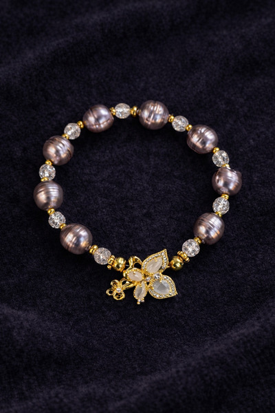 Tasarım Gerçek Tatlı Su İncisi & Doğal Pembe Kuvars Taşlı Gold Orkide Figürlü...