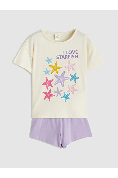 LC Waikiki Lila Yıldız Girl's Combed Cotton T-Shirt and Shorts