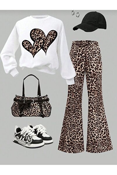 Kids Kız çocuk beyaz kalp baskılı sweat alt leopar desenli İspanyol paça ikil...