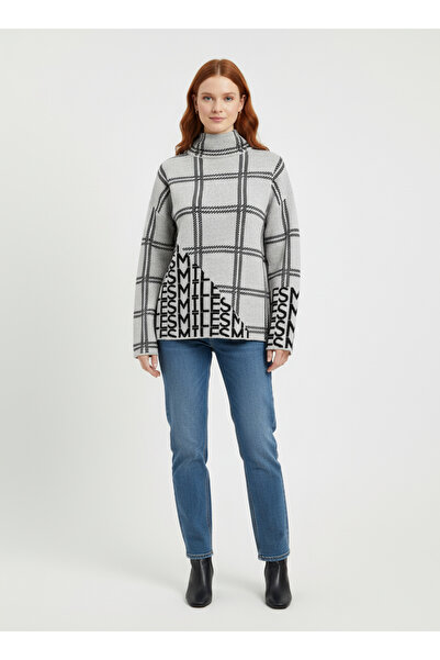 Neden Tekstil Gray Square Patterned Written Stand Collar Knit Sweater