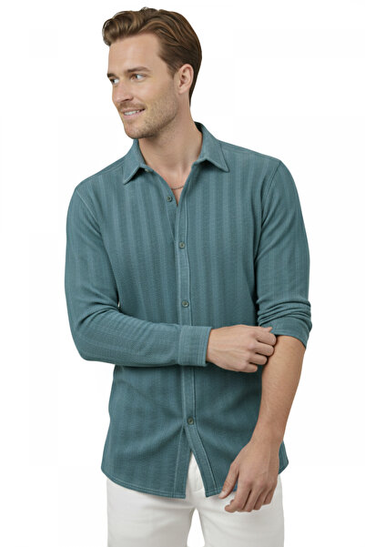 DeepSEA Πράσινο Ανδρικό Πουκάμισο από Πλεκτό Ύφασμα Λύκρα με Άνετη Εφαρμογή 2...
