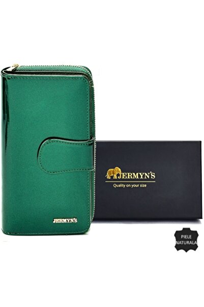 JERMYN'S Roma women's wallet made of genuine leather, elegant, green lacquered